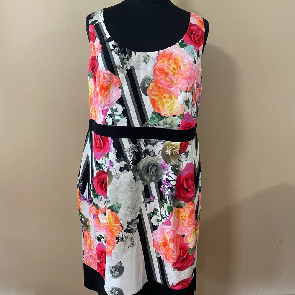 Sleeveless Floral Stripe Sheath Dress - Pink Multi